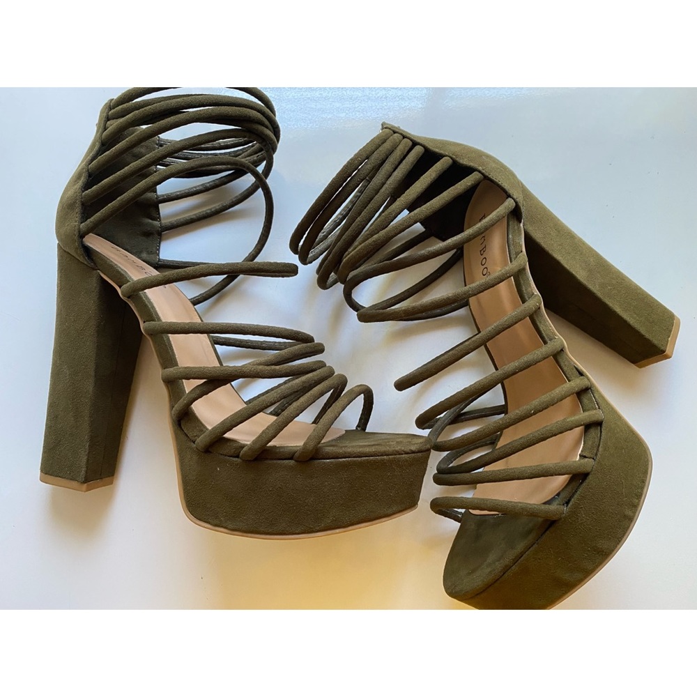 COPY - Bamboo olive green strappy platform heels